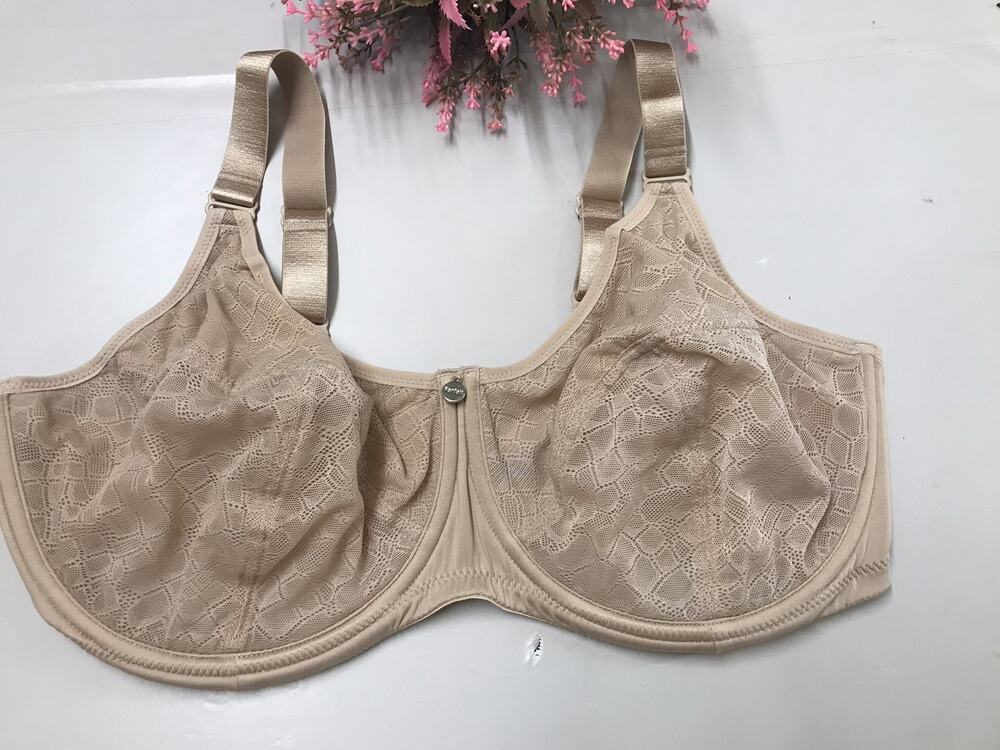 Plus Parfait Womens Nude Lace Bra Underwire Support 38F Sheer Sexy Metal Accent